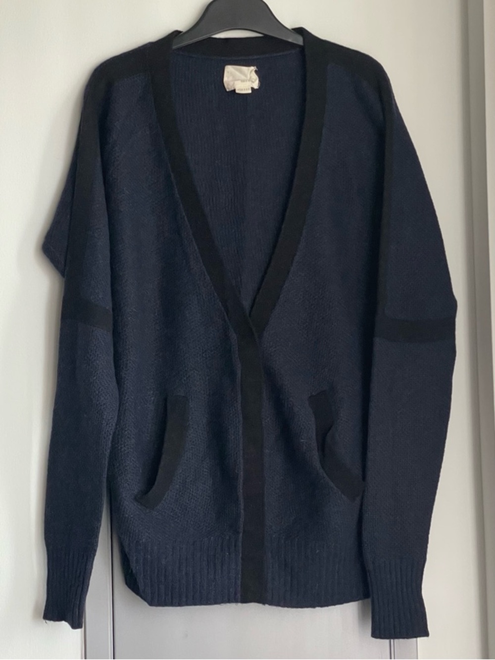 BAND OF OUTSIDERS Wool & Alpaca Blend Navy w/ Black Trims V-Neck Cardigan